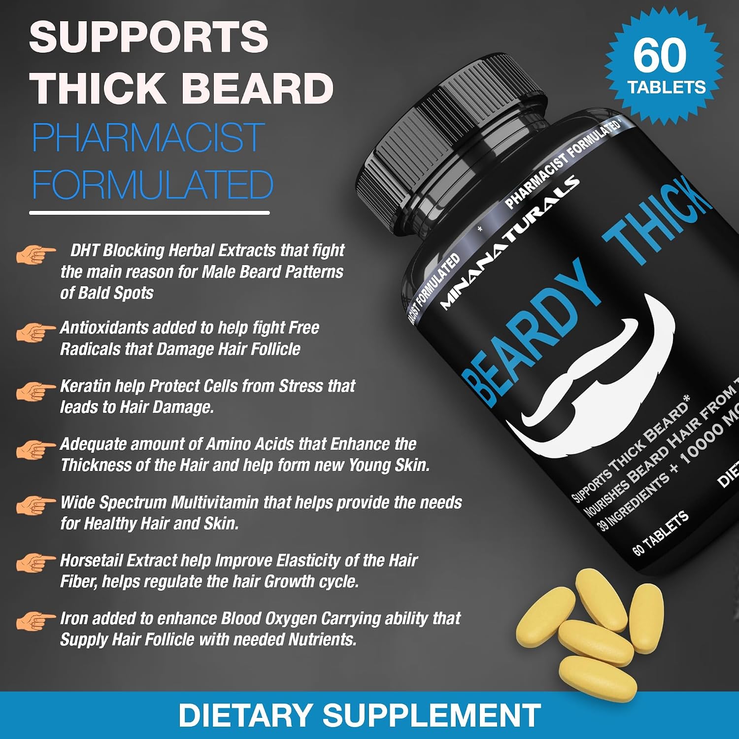 BEARDY Suplemento para Barba con Biotina 10000 mcg, Keratina, Colágeno, Silicio - 60 Comprimidos