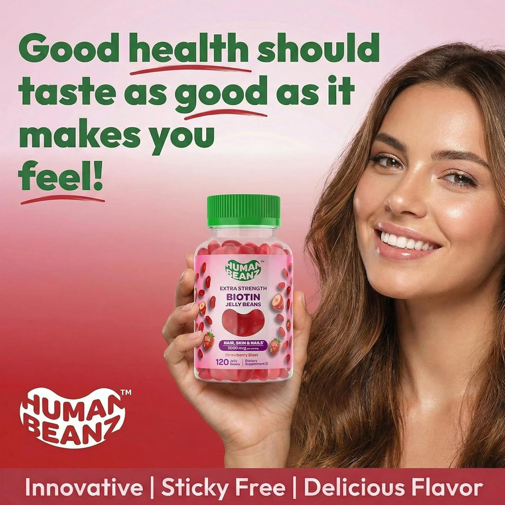 Human Beanz Biotina Gominolas Jelly Bean, 5000mcg, 120 unidades - Sabor Fresa