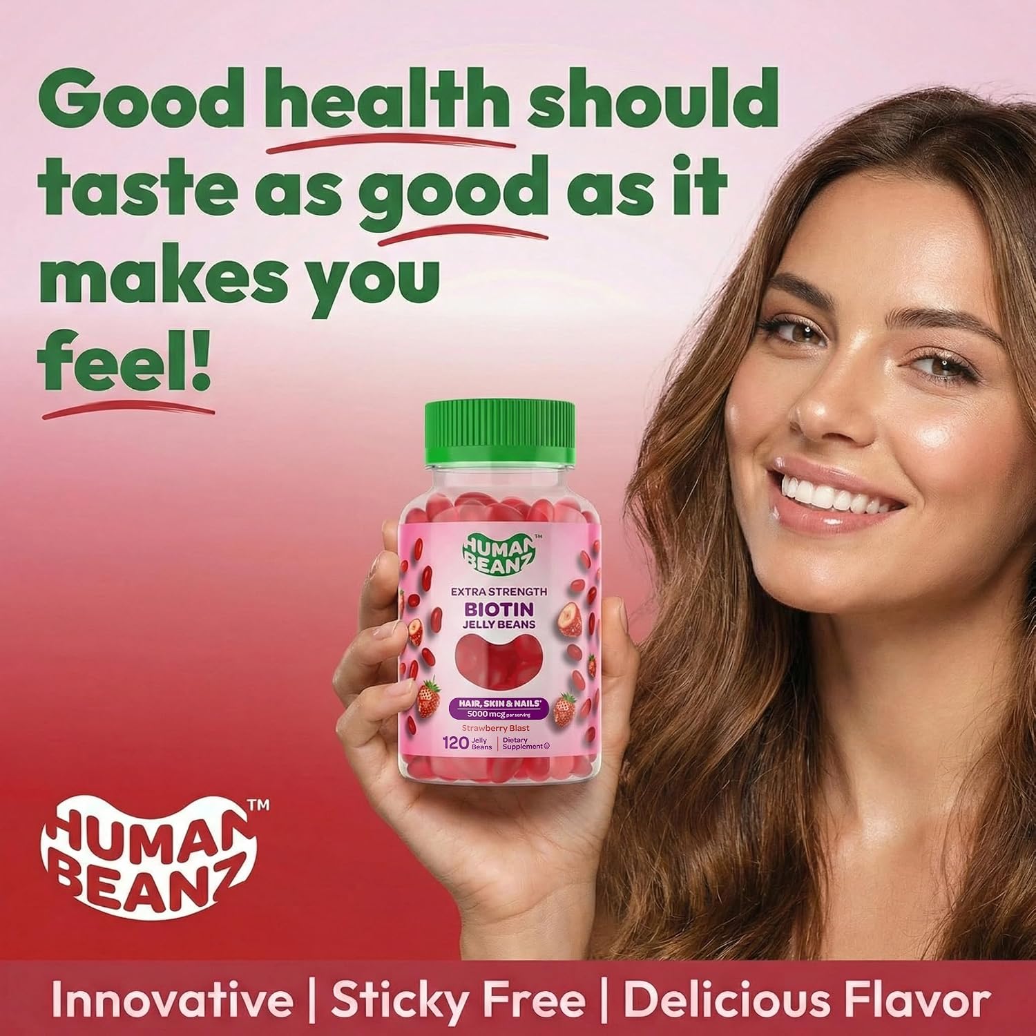 Human Beanz Biotina Gominolas Jelly Bean, 5000mcg, 120 unidades - Sabor Fresa