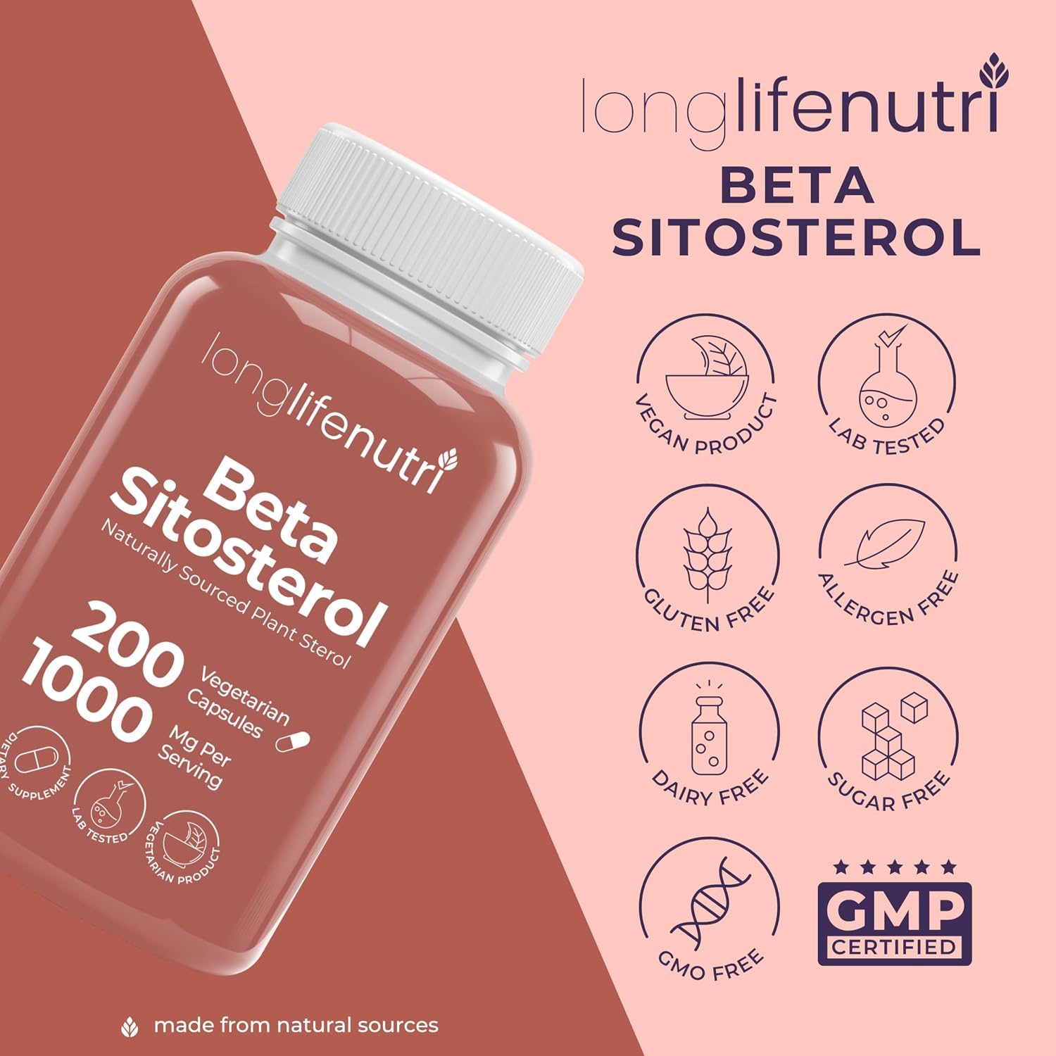 LongLifeNutri Beta Sitosterol 1000mg - Suplemento de Fitoesteroles, 200 Cápsulas Vegetarianas