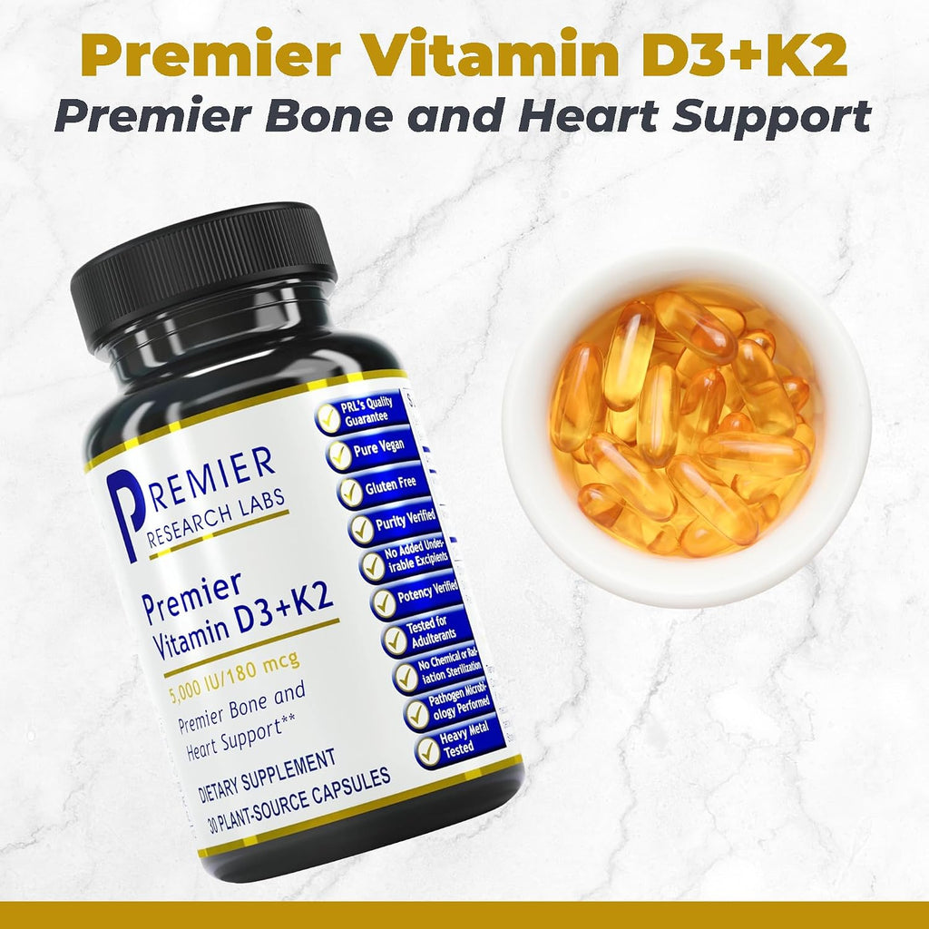 Premier Research Labs Vitamina D3 + K2 - 5000 UI, 180 mcg, 30 Cápsulas Vegetales, Sin Gluten