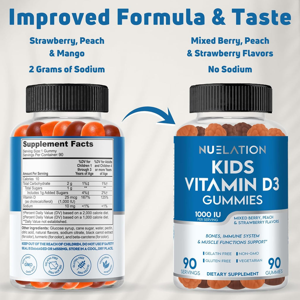 NUELATION Vitamina D3 Gummies para Niños - 1000 IU, 90 dosis