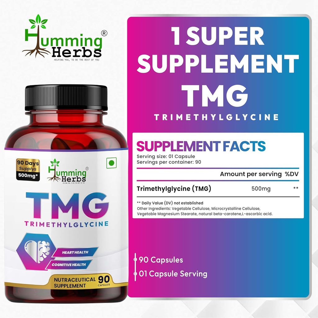 Humming Herbs TMG Suplemento de Trimetilglicina 500 mg – 90 Cápsulas Veganas | Encapsulación Microcristalina para Mayor Biodisponibilidad | Donante de Metilo para el Apoyo del Corazón, Cerebro y Homocisteína