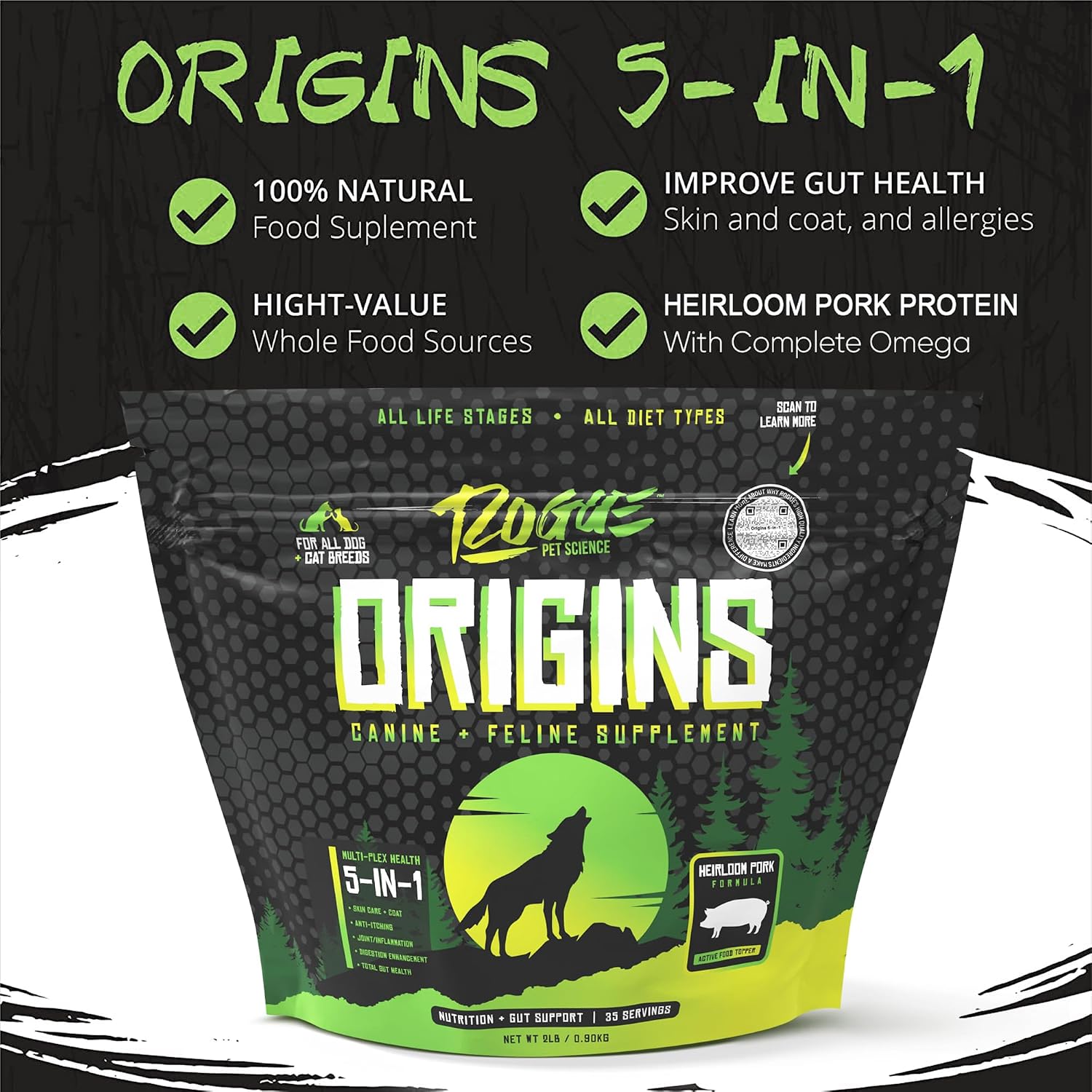 Orígenes 5-en-1 Complemento para Perros - Topper en Polvo con Proteína de Cerdo Heirloom Natural - 907 g
