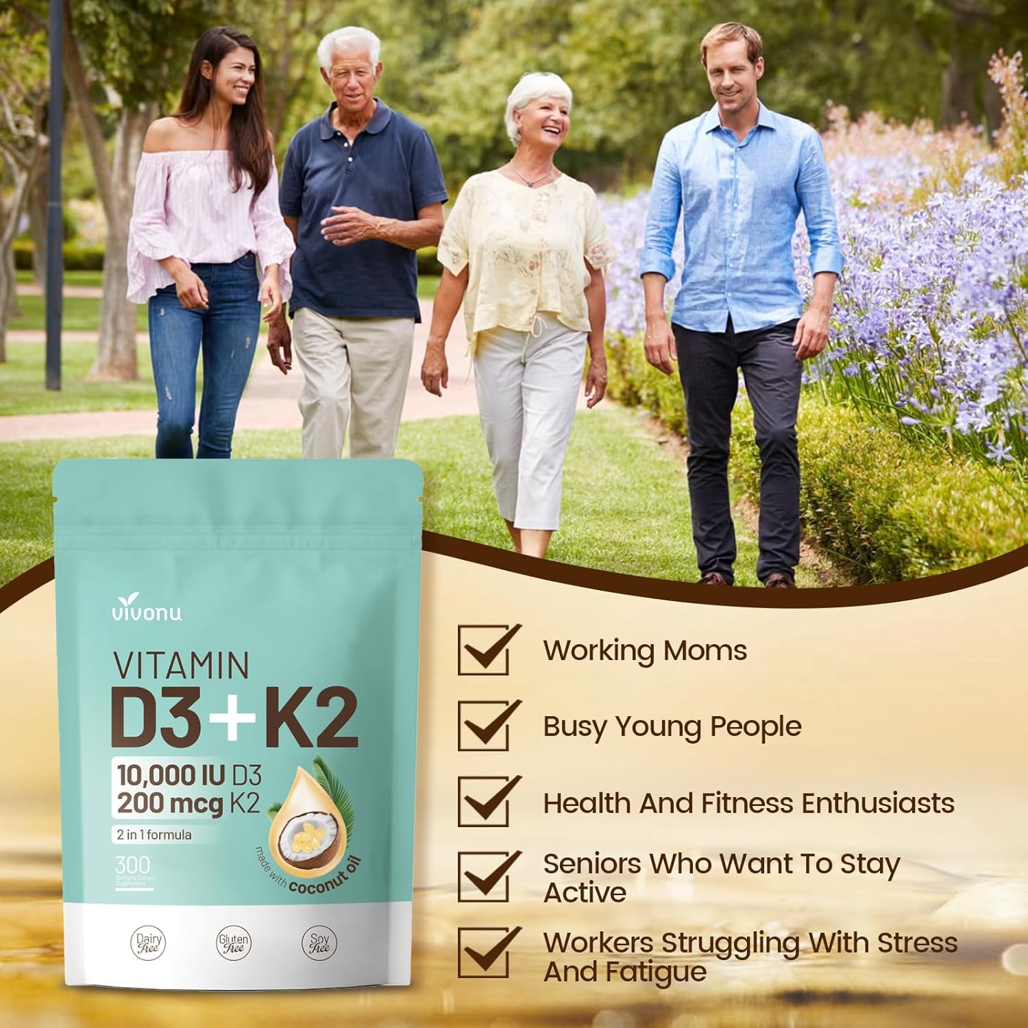 VivoNu Vitamina D3 K2 10000 UI con MK-7 - 300 Cápsulas Blandas con Aceite de Coco Virgen