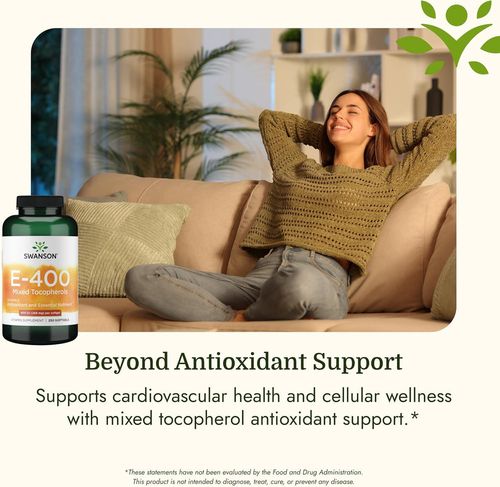 Swanson E-400 Mixed Tocopherols - Antioxidant Supplement to Support Heart Health* - Contains D-Alpha Tocopherol - Non-GMO - 250 Softgels