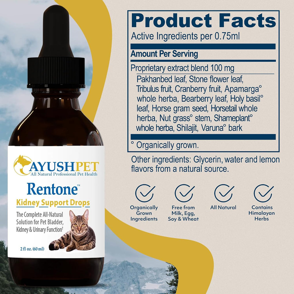 Ayush Pet Rentone - Apoyo Renal para Perros y Gatos, Gotas Líquidas Naturales, 59 ml