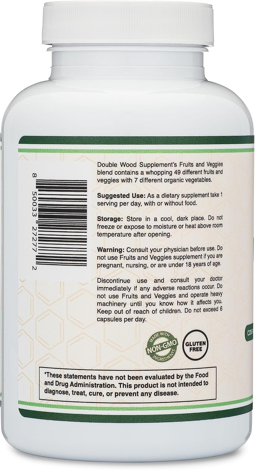 Double Wood Suplemento de Frutas y Verduras - Mezcla de 49 Frutas y Verduras - 1,500 mg por Ración - 180 Cápsulas