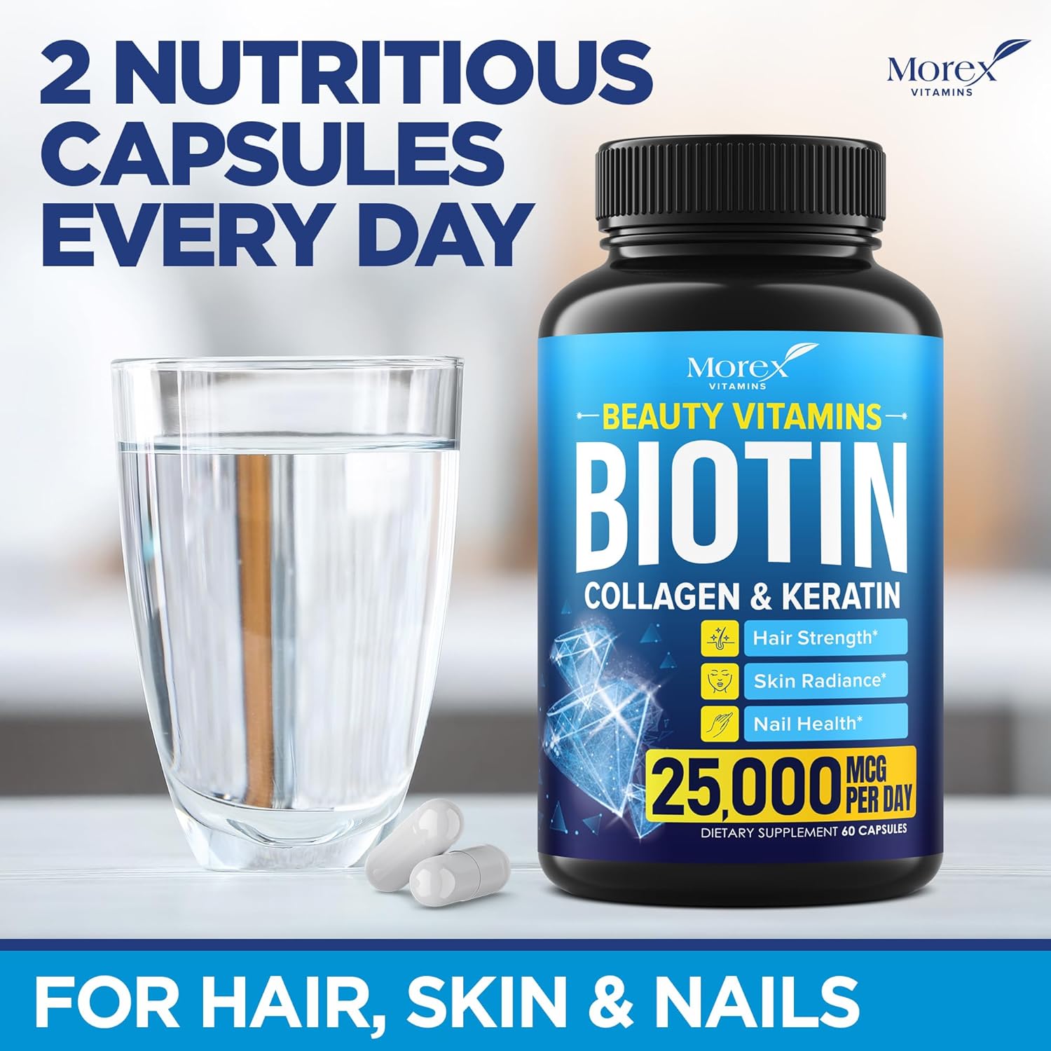 MOREX VITAMINS Biotina, Colágeno, Queratina y Ácido Hialurónico - 25.000 mcg - 60 Cápsulas