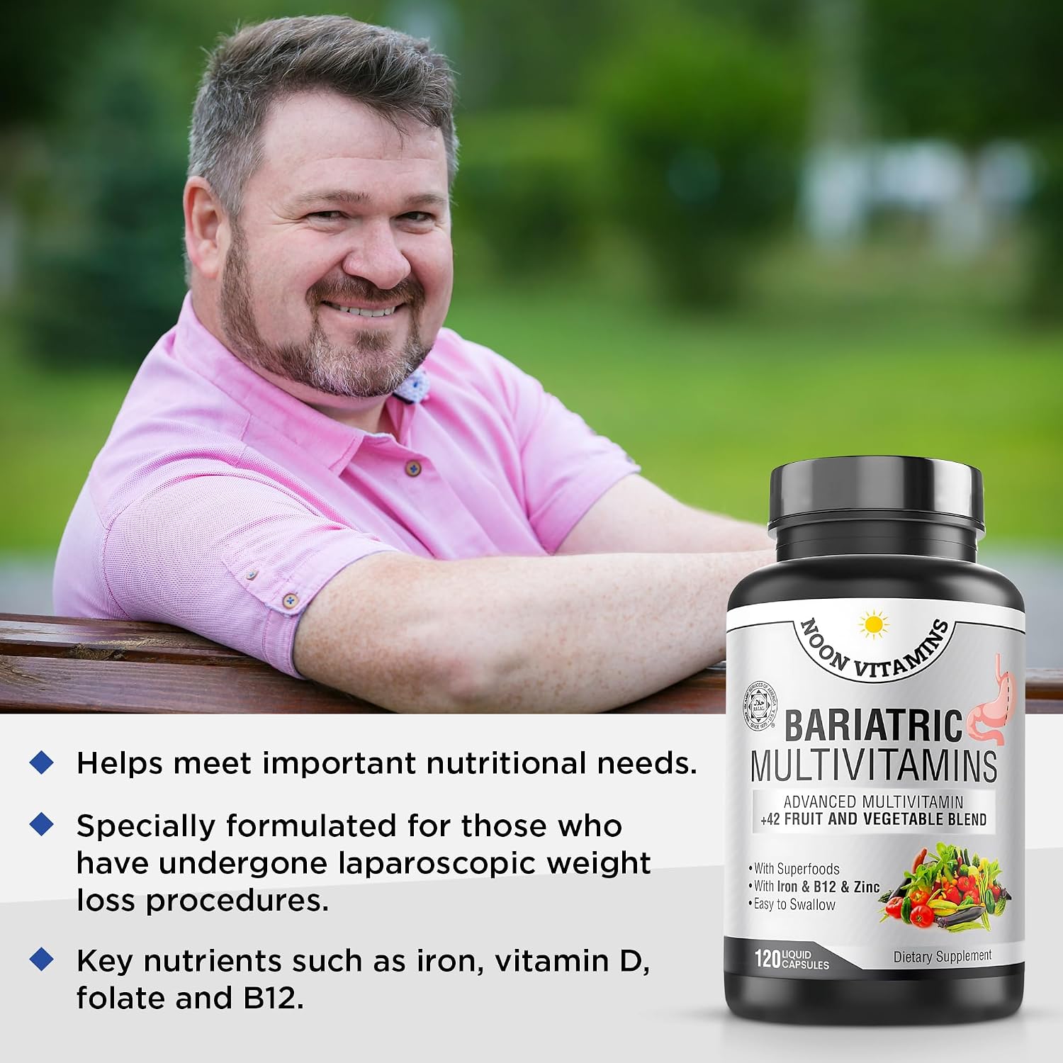 Multivitamínico Bariátrico con Hierro para Mujeres y Hombres - Mezcla de 42 Superfoods para Energía y Apoyo Inmunológico - Recuperación Postoperatoria, Cápsulas Líquidas Fáciles de Tragar, Halal, Hecho en EE.UU. (120 Cápsulas Líquidas)