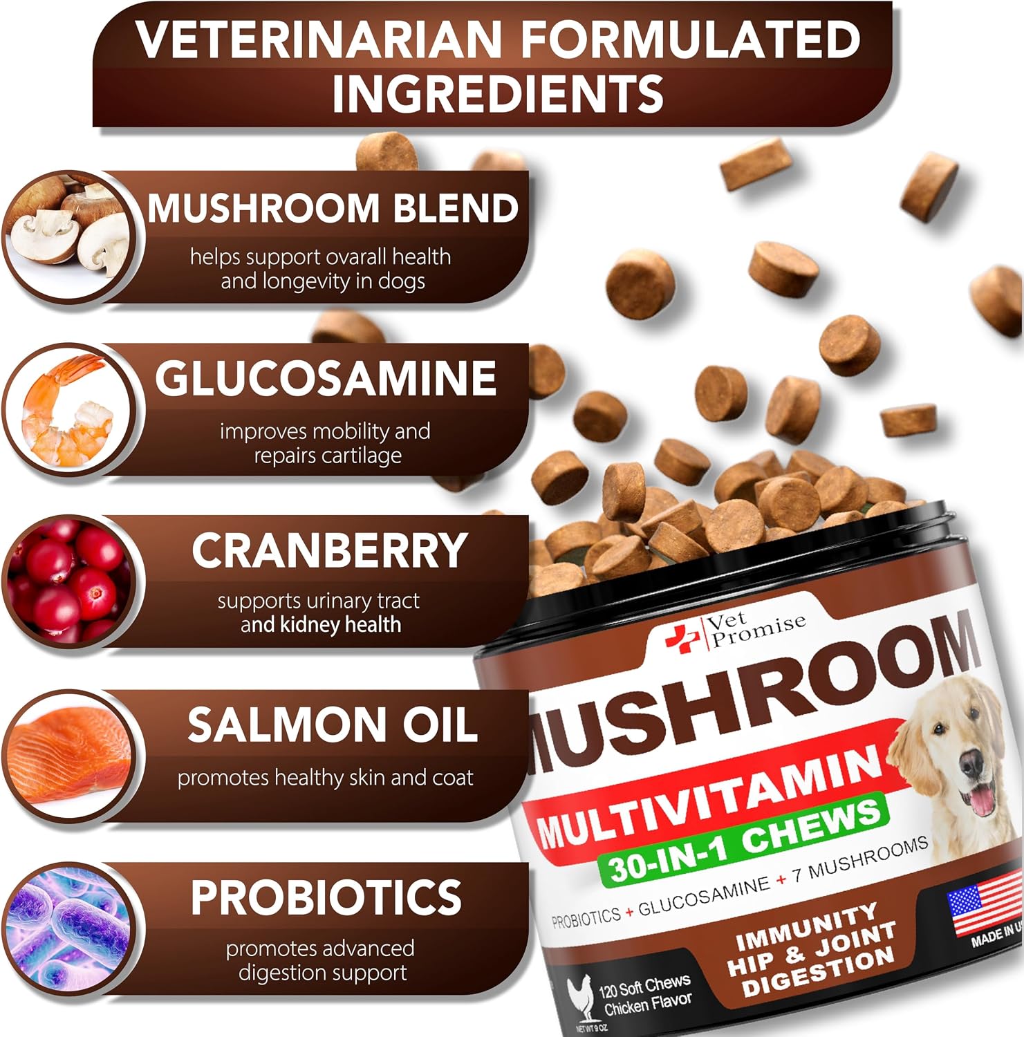 Vet Promise Suplemento de Hongos para Perros - 340 Masticables (2 Pack) - Multivitamínico con Turkey Tail, Lion's Mane, Reishi, Probióticos y Glucosamina