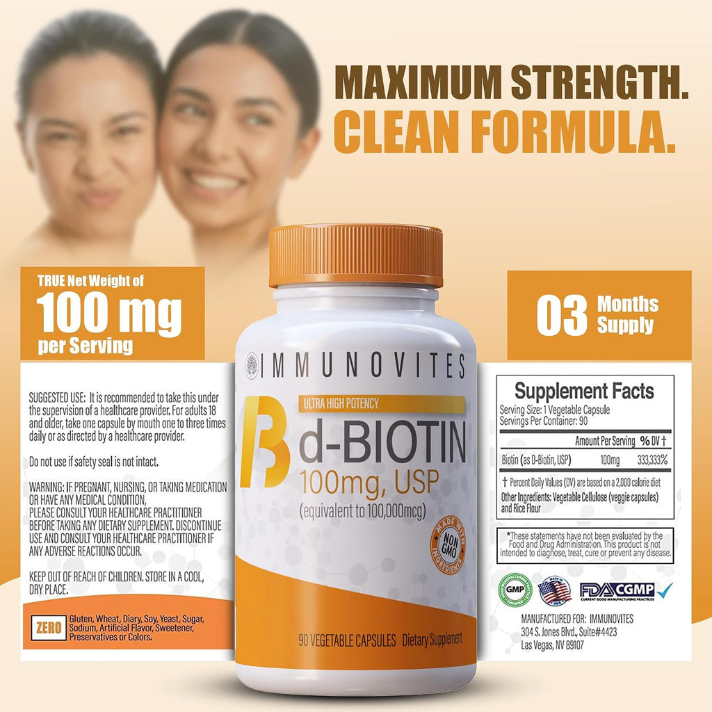 IMMUNOVITES Biotina de Alta Dosis 100 mg (100.000 mcg) 90 Cápsulas