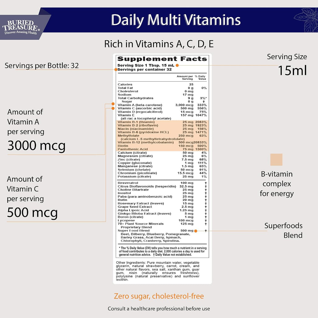 Buried Treasure Multivitamínico y Mineral Líquido de Nutrición Diaria con Oligoelementos, Superalimentos y Resveratrol