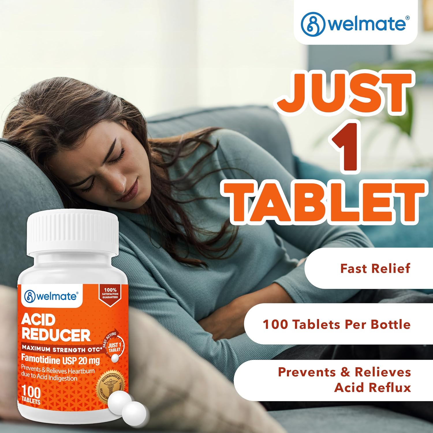 WELMATE - Famotidina 20mg Antiacido de Máxima Potencia, Alivio Rápido de la Acidez, 100 Comprimidos