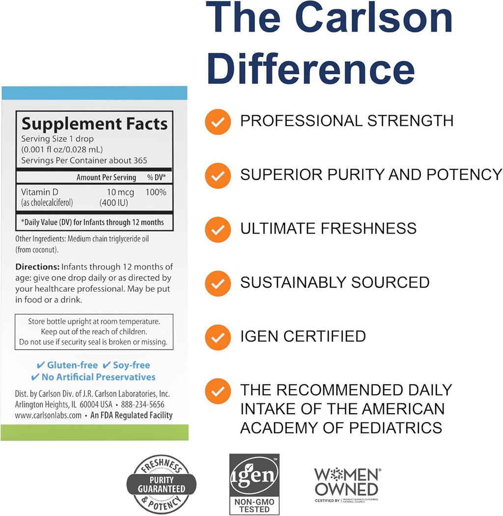 Carlson Baby's Super Daily D3, Vitamin D Drops for Babies, 400 IU (10 mcg) Per Drop, 1-Year Supply, Vegetarian, Liquid Vitamin D for Infants and Toddlers, Unflavored, 365 Drops