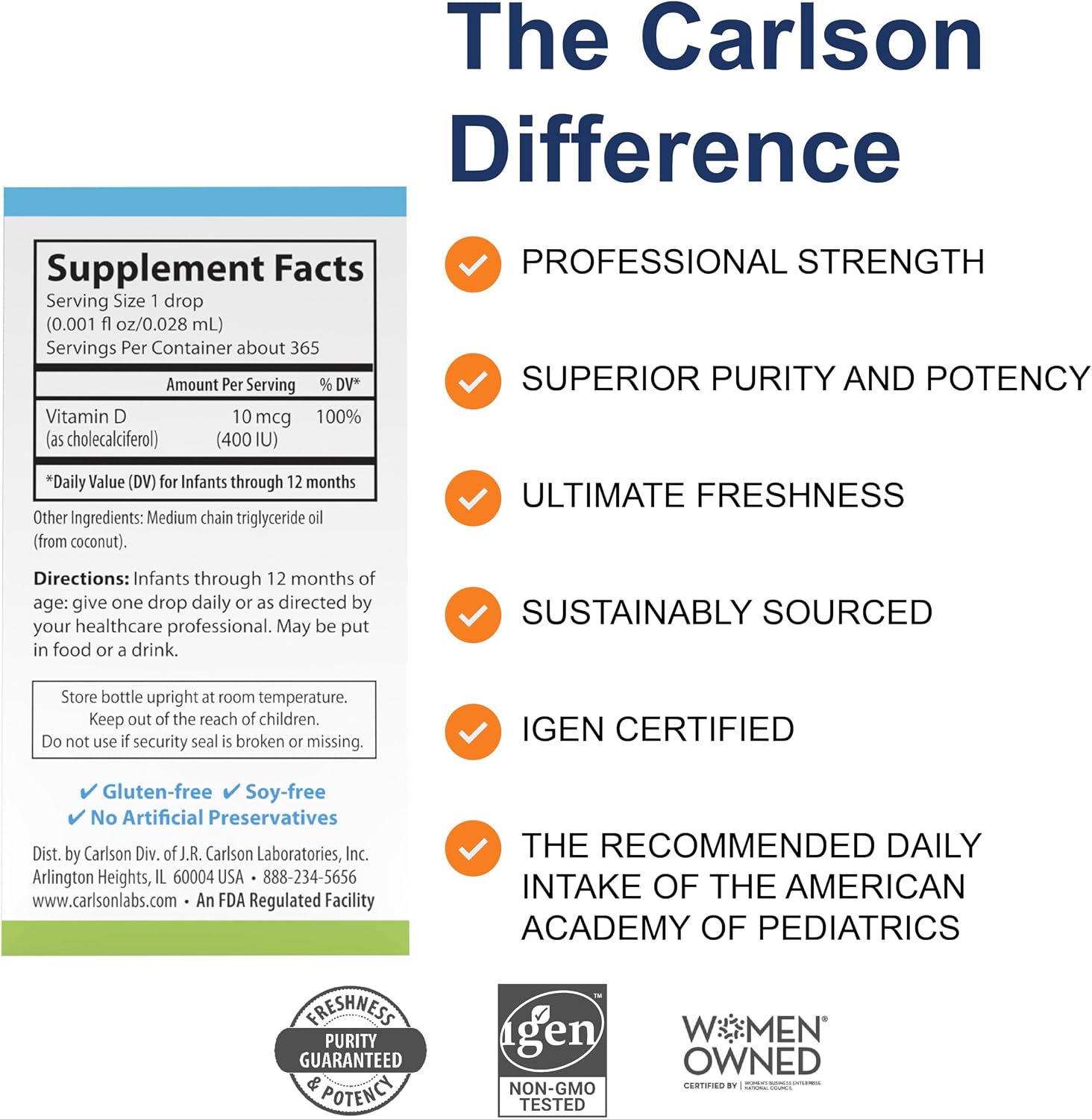 Carlson Baby's Super Daily D3, Vitamin D Drops for Babies, 400 IU (10 mcg) Per Drop, 1-Year Supply, Vegetarian, Liquid Vitamin D for Infants and Toddlers, Unflavored, 365 Drops