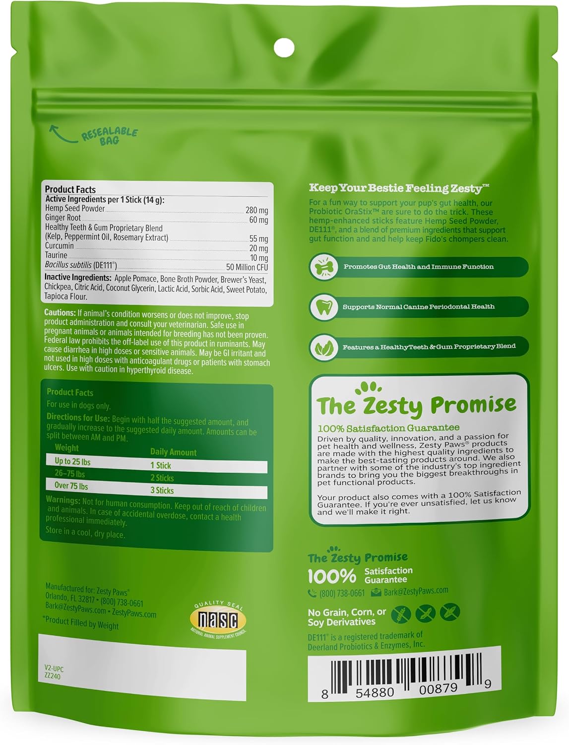 Zesty Paws OraStix para Perros - Palitos Probióticos con Semilla de Cáñamo, Curcumina, Jengibre y Taurina - Apoya la Función Intestinal y el Sistema Inmunológico - 25 oz