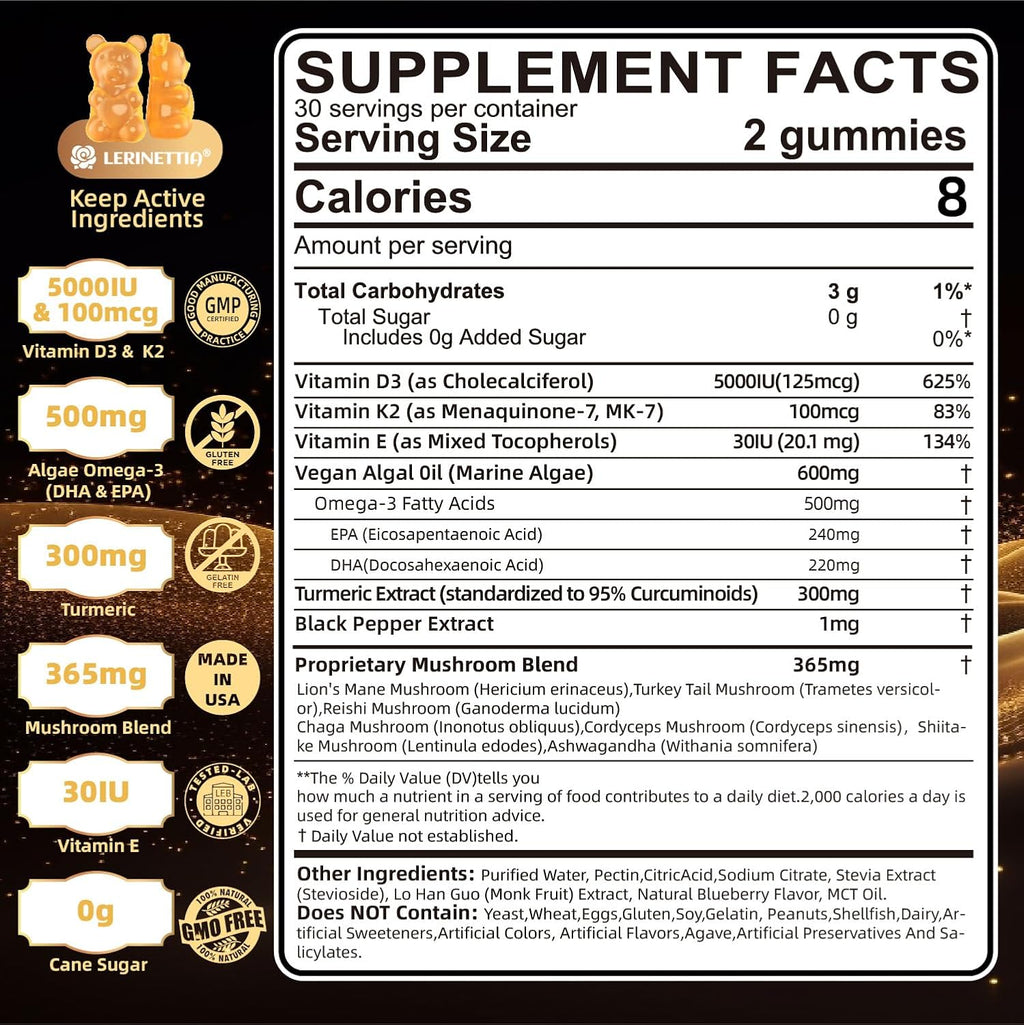 Vitamina D3 5000 UI (125 mcg) + Vitamina K2 (MK-7) Gominolas con Omega 3 de Algas | Máxima Potencia | Vegano, Sin Azúcar