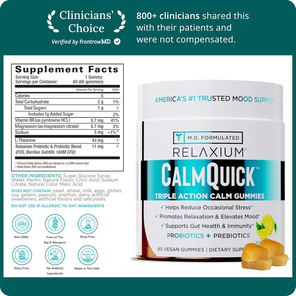 Relaxium Calm Gummies - Gominolas para la Calma, Salud Intestinal y Apoyo Inmune, con Vitamina B6, Magnesio, L-Teanina y Prebióticos, Sabor Limón, 60 unidades