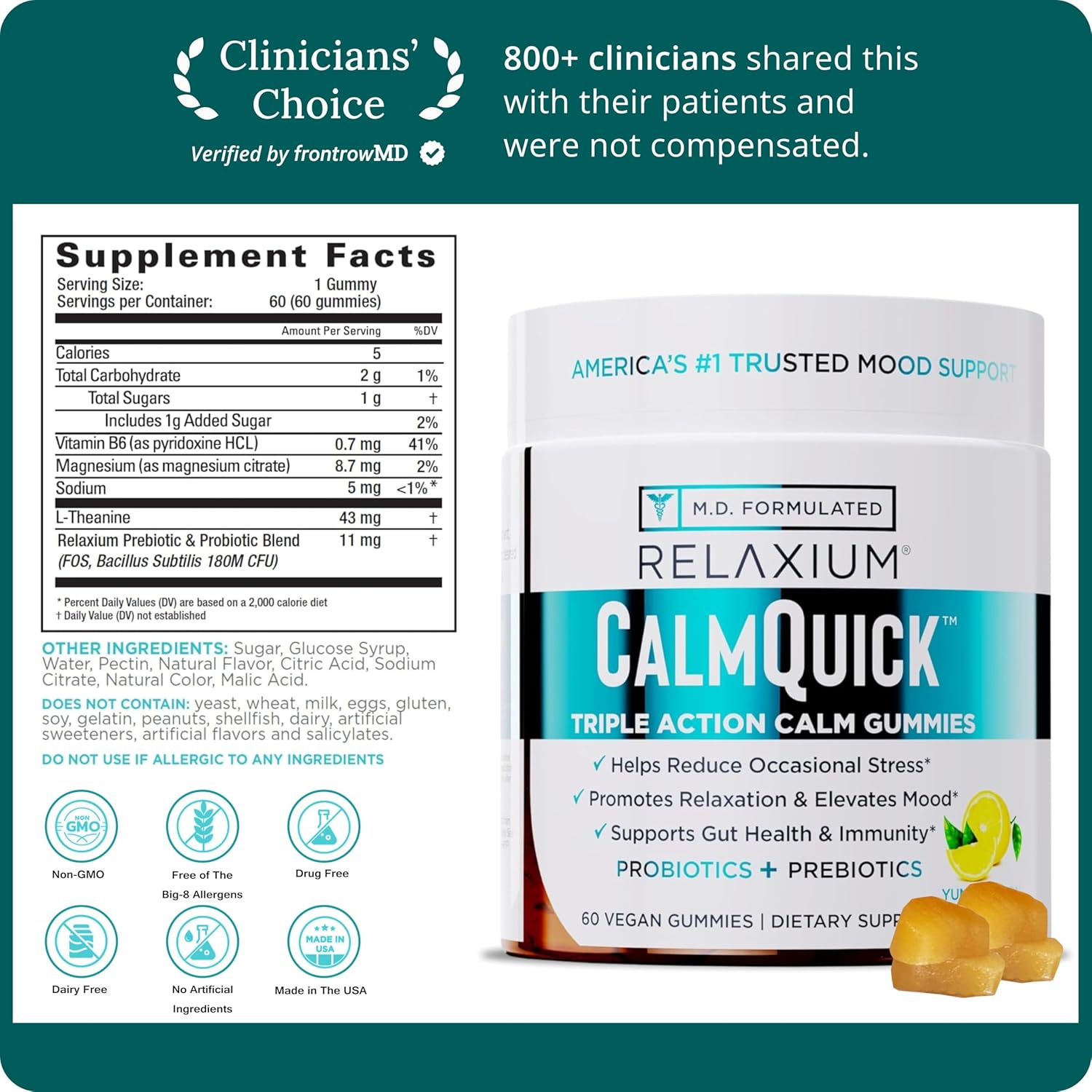 Relaxium Calm Gummies - Gominolas para la Calma, Salud Intestinal y Apoyo Inmune, con Vitamina B6, Magnesio, L-Teanina y Prebióticos, Sabor Limón, 60 unidades