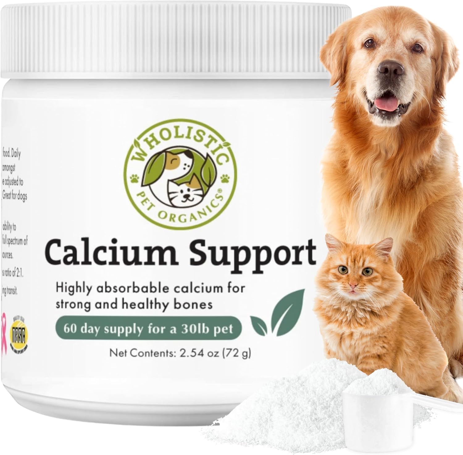 Wholistic Pet Organics Pure Powder Calcium - Calcio en Polvo para Perros y Gatos - 60 Dosis