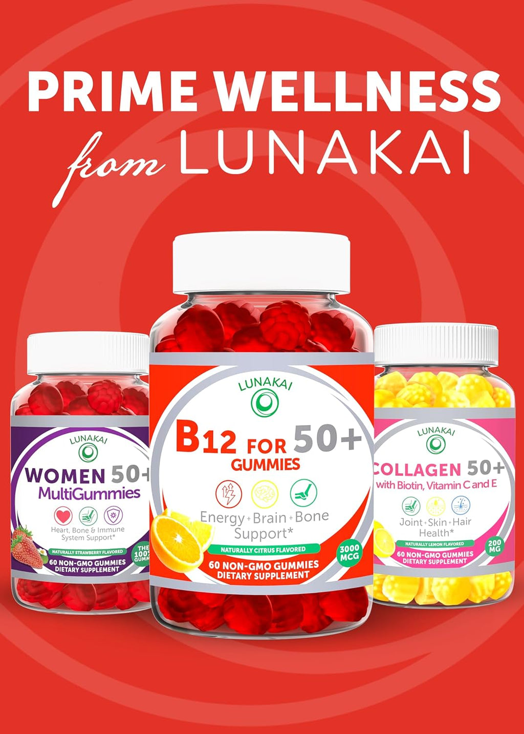 Gominolas de Vitamina B12 para Adultos 50+ | Lunakai | 3000 mcg Metilcobalamina | Sabor Cítrico | 60 Unidades