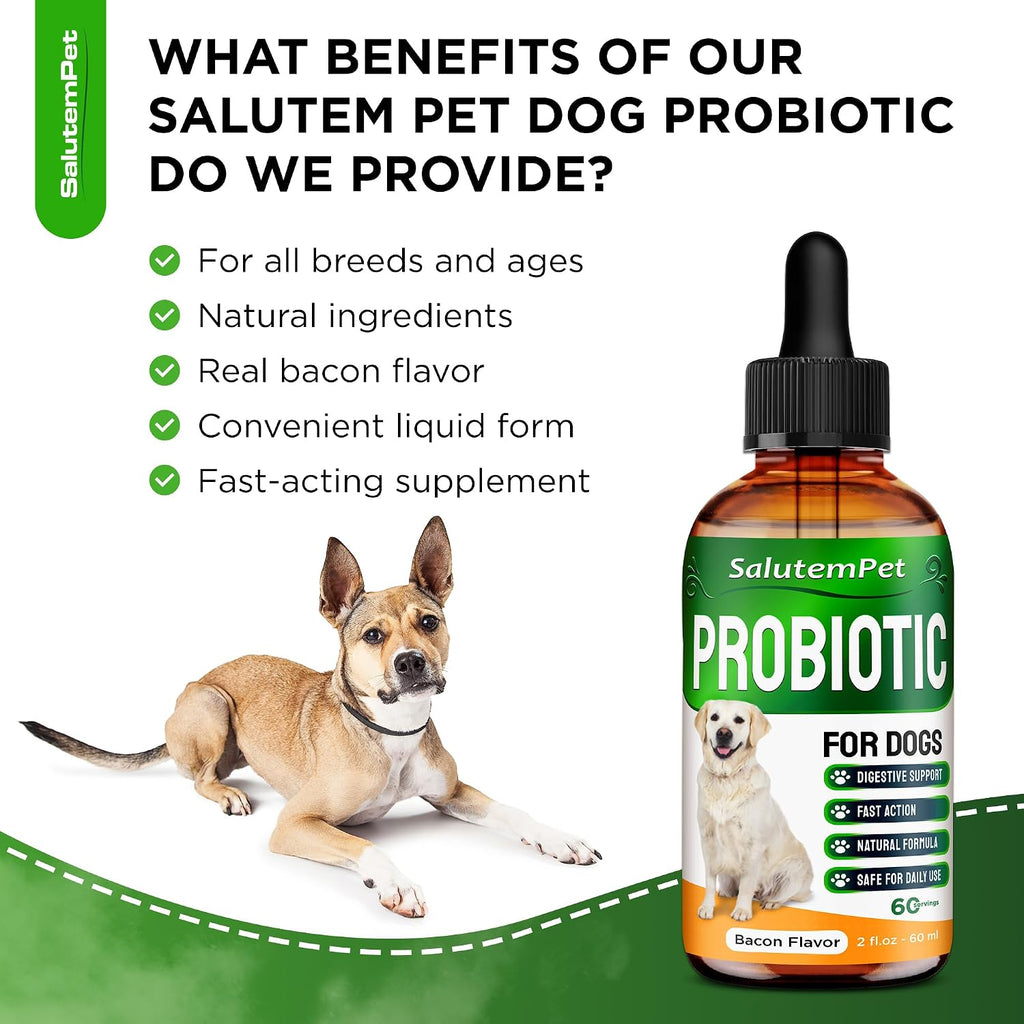 Probióticos Líquidos para Perros y Cachorros con Prebióticos y Enzimas Digestivas - Sabor Bacon - 60 ml