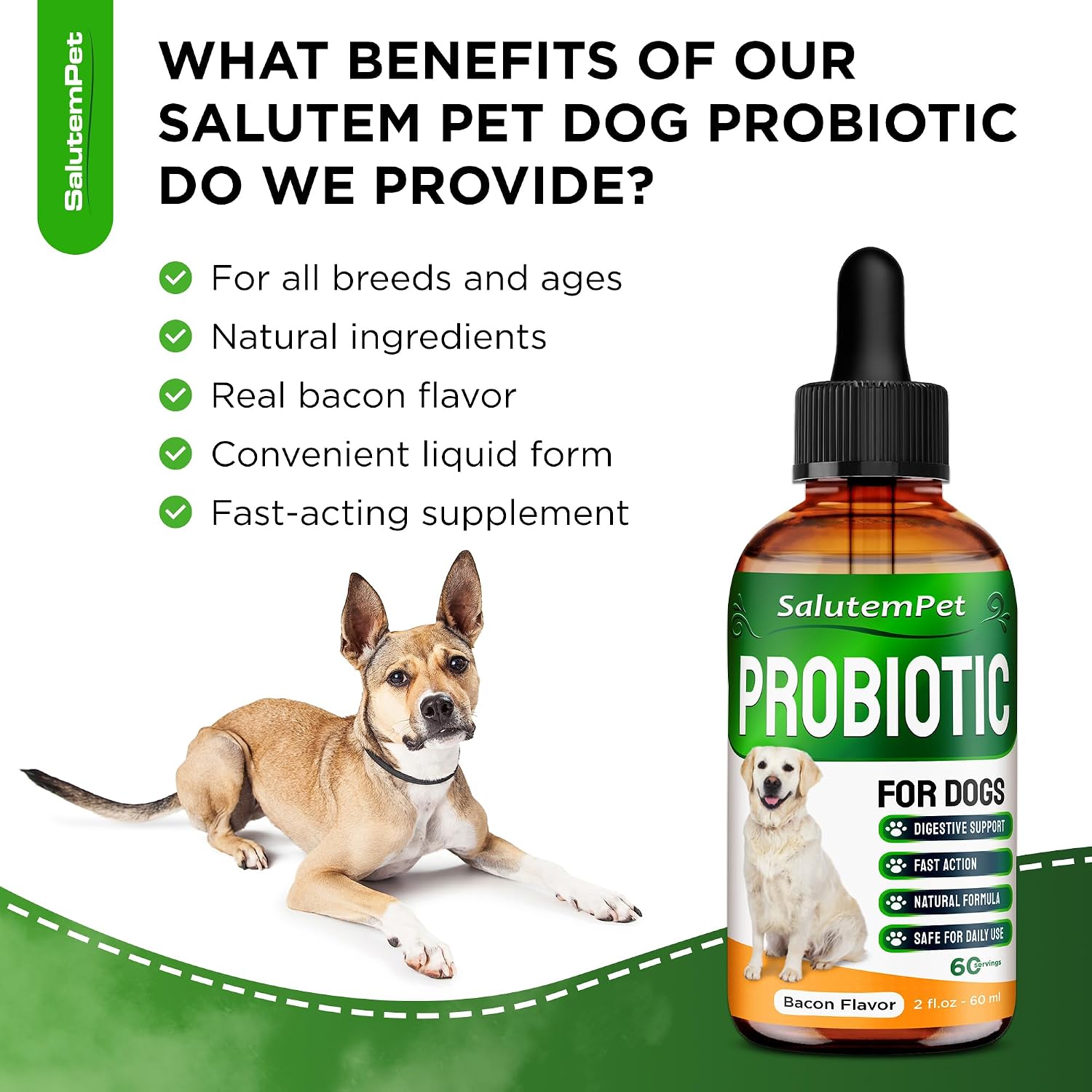 Probióticos Líquidos para Perros y Cachorros con Prebióticos y Enzimas Digestivas - Sabor Bacon - 60 ml