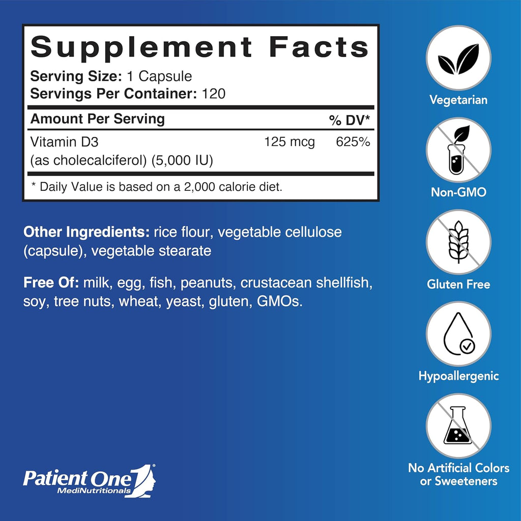 Patient One Vitamina D3 5.000 UI – 120 Cápsulas (Pack de 2)