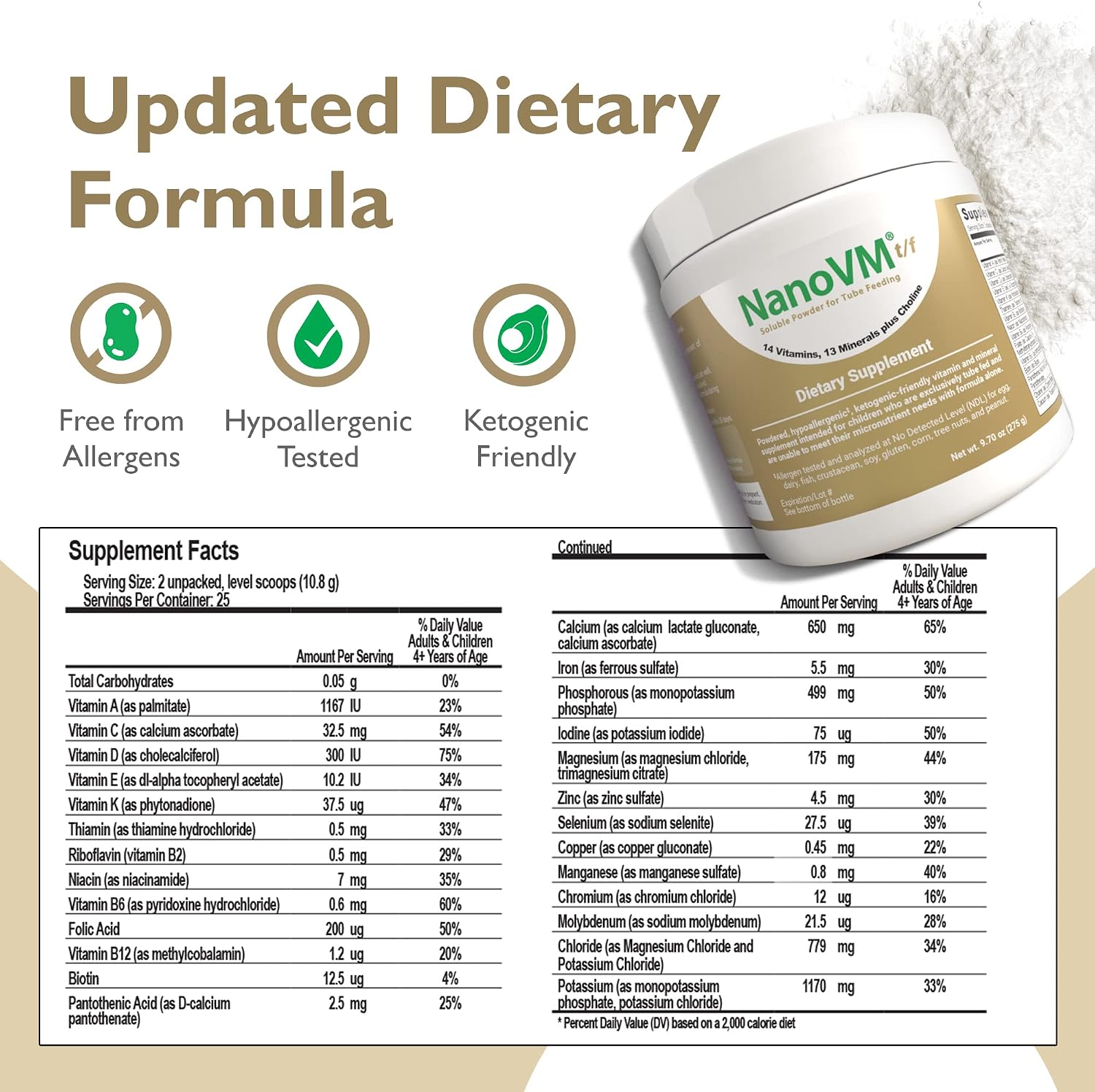 NanoVM t/f, Complemento Alimenticio para Nutrición por Sonda, Multivitamínico Infantil Hipoalergénico, Polvo sin Sabor con 14 Vitaminas y 13 Minerales, Bajo en Carbohidratos, 275 g – Solace Nutrition