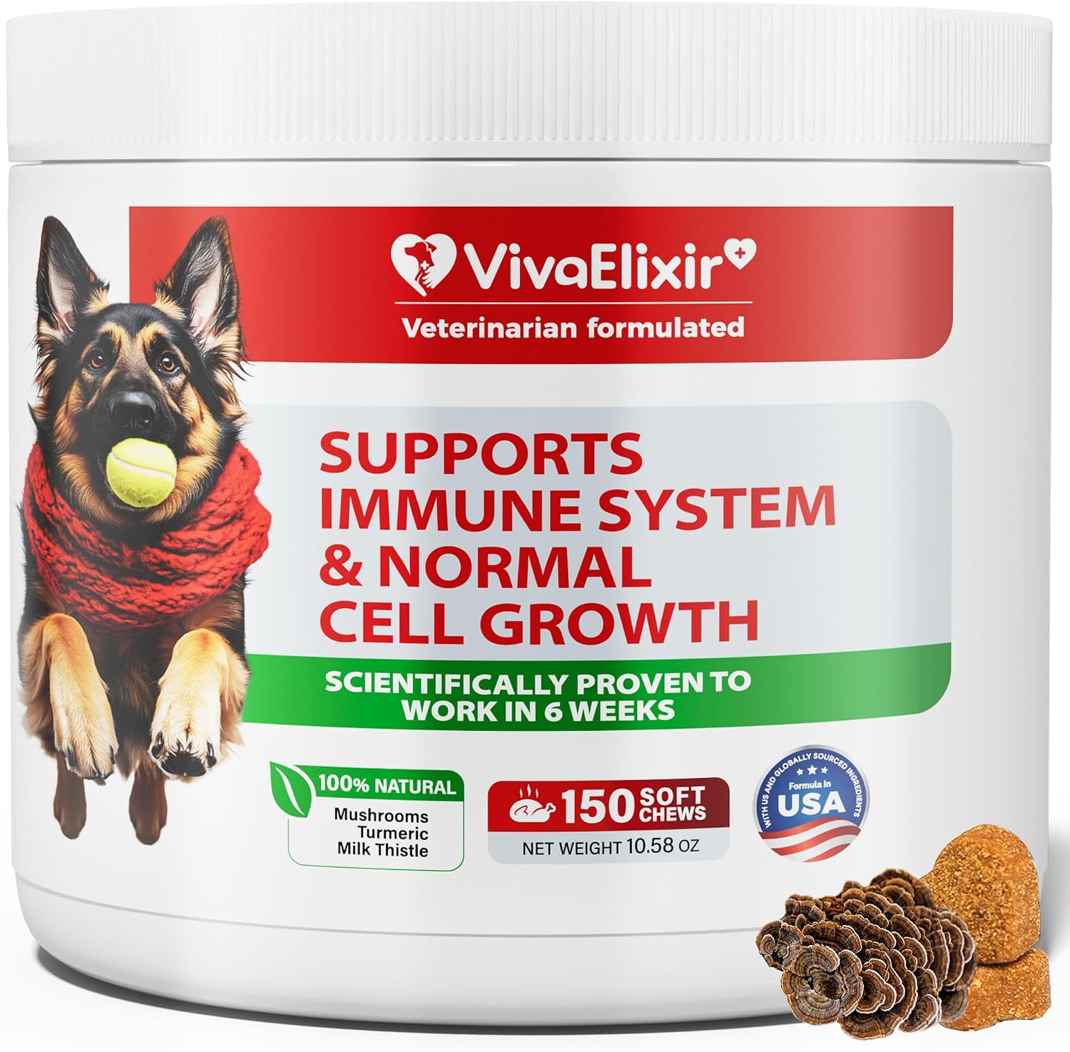 VivaElixir Suplemento para Bultos en Perros - Masticables Inmunológicos con Hongos y Curcumina, 150 uds