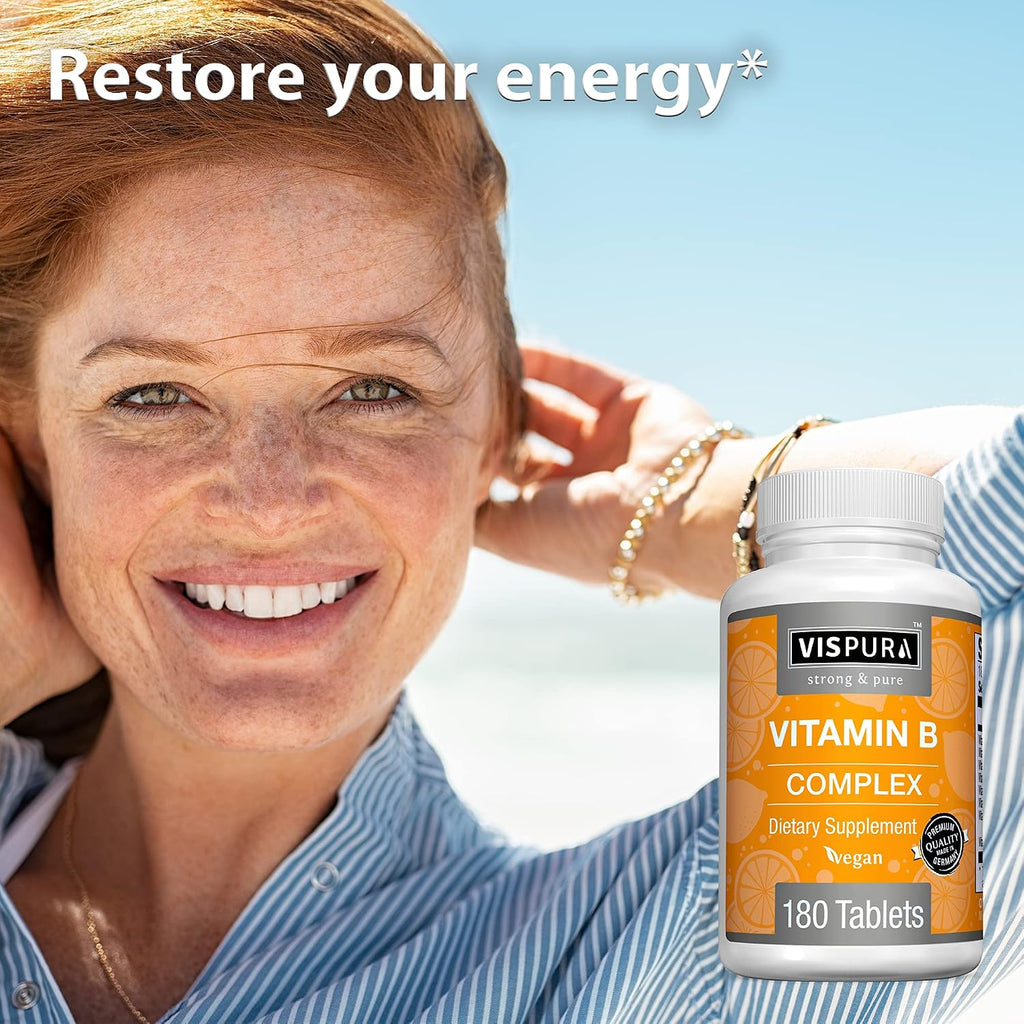 VISPURA Complejo B, 180 Comprimidos Veganos, Todas las Vitaminas B Incluyendo B12, B1, B2, B3, B5, B6, B7, B9, Ácido Fólico, para el Estrés, la Energía y un Sistema Inmunológico Saludable, Suplemento Natural Sin Aditivos