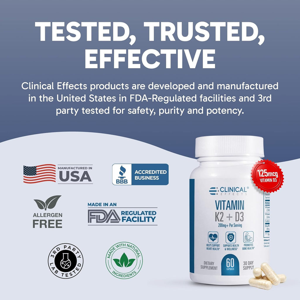 Clinical Effects Vitamina K2 + D3 - Suplemento con Bioperina y Calcio para el Mantenimiento de los Huesos - 60 Cápsulas - Máxima Absorción - Fabricado en EE.UU.