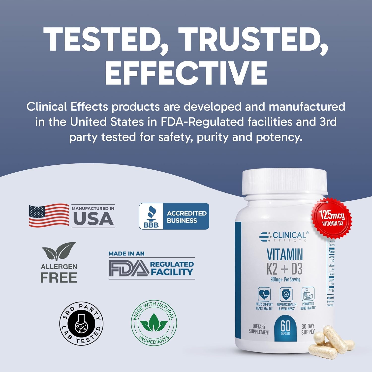 Clinical Effects Vitamina K2 + D3 - Suplemento con Bioperina y Calcio para el Mantenimiento de los Huesos - 60 Cápsulas - Máxima Absorción - Fabricado en EE.UU.