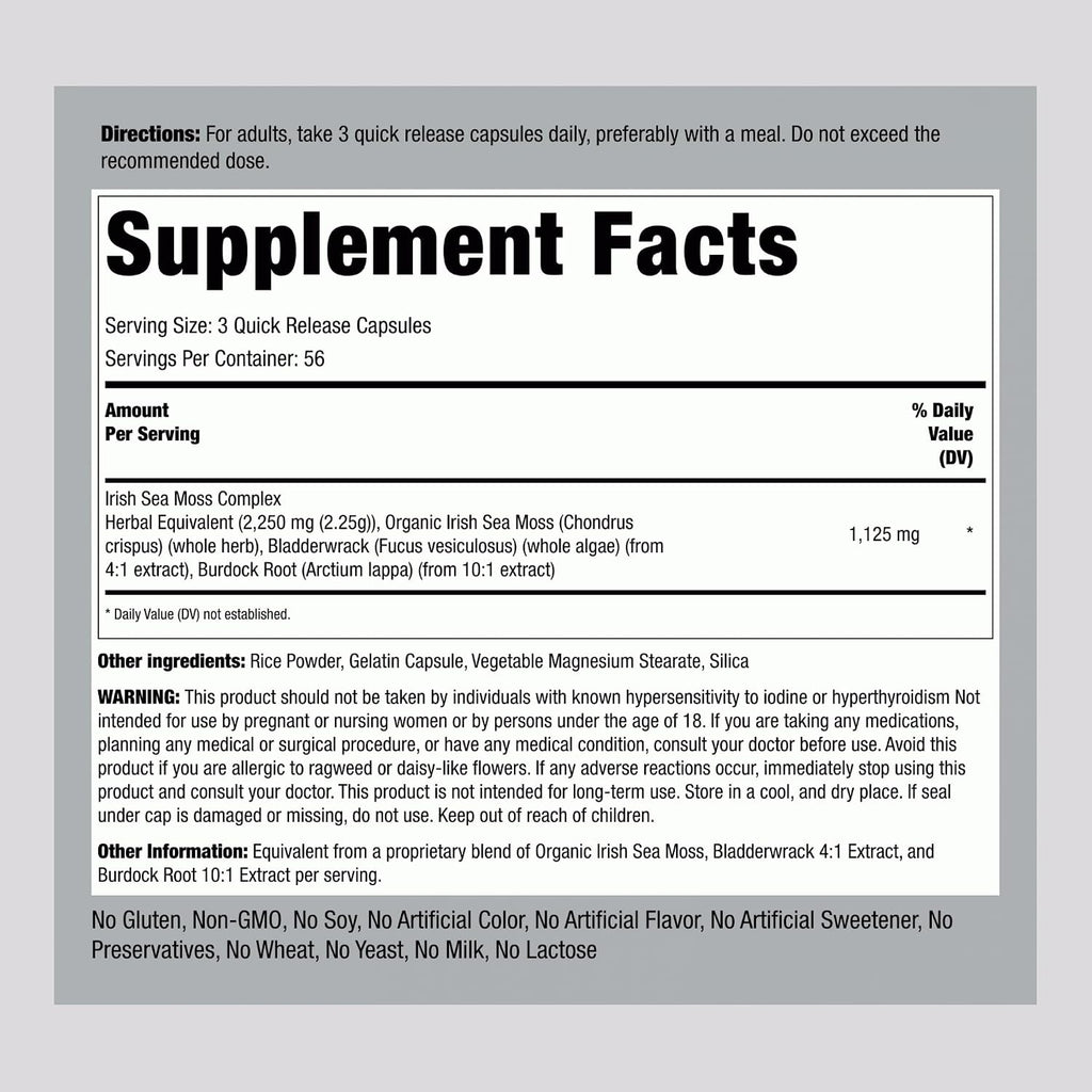 Piping Rock Irish Sea Moss Cápsulas | 170 uds. | Complejo con Bladderwrack y Burdock Root | No Transgénico, Sin Gluten