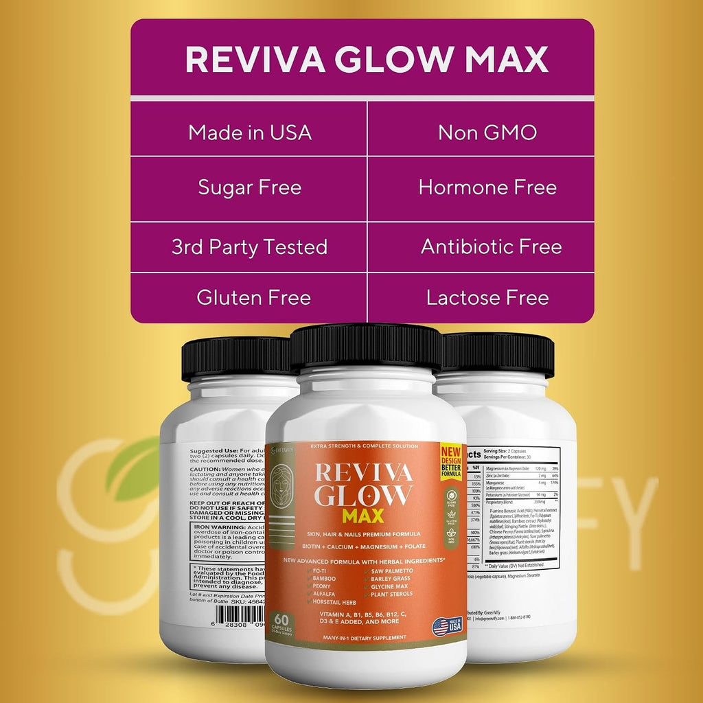Reviva Glow Max - Apoyo para Cabello, Piel y Uñas | Biotina, Calcio, Magnesio, Folato y Mezcla de Hierbas | 120 Cápsulas, Vegano y Sin Gluten