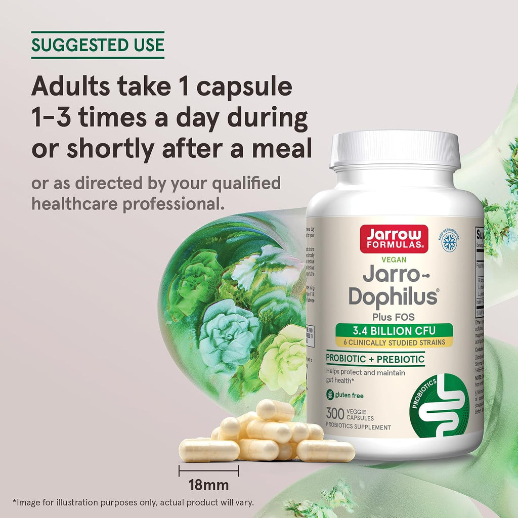Jarrow Formulas Jarro-Dophilus + FOS - 3.4 Billion CFU Per Dose - Probiotic and Prebiotic Supplement - 300 Vegetarian Capsules