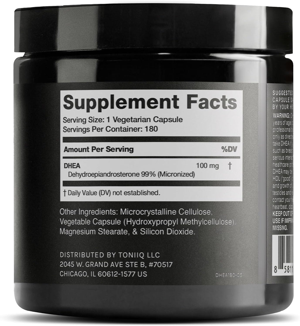 Toniiq Ultra High Strength DHEA 100mg - Suplemento de DHEA Micronizado de Alta Pureza - 180 Cápsulas
