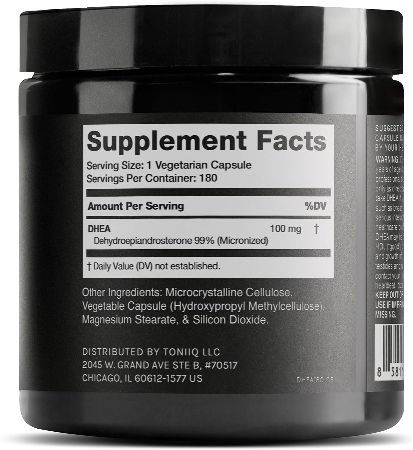Toniiq Ultra High Strength DHEA 100mg - Suplemento de DHEA Micronizado de Alta Pureza - 180 Cápsulas