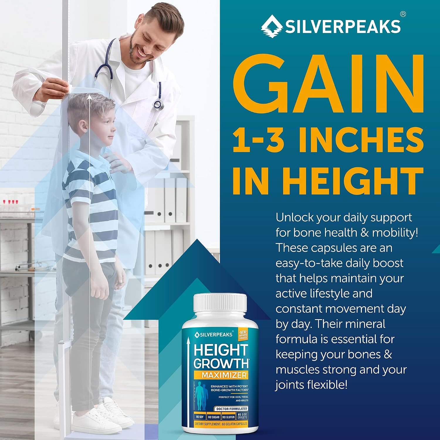 SILVERPEAKS Height Growth Maximizer - 60 Cápsulas con Calcio, Zinc, GABA y Vitamina D3