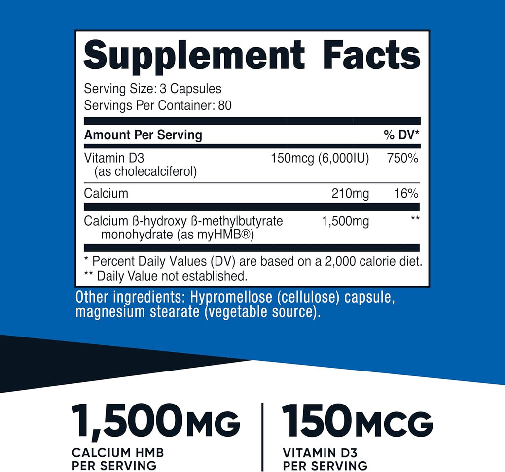 Nutricost HMB (1500 mg por dosis) y Vitamina D3 (6000 UI) - 240 Cápsulas (80 dosis)