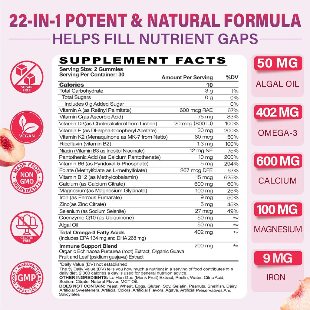 Gominolas Multivitamínicas para Mujeres 50+ con Omega 3, Coenzima Q10, Hierro, Calcio - Pack de 2