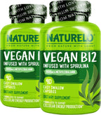 NATURELO Vitamina B12 Vegana 1000 mcg Metilcobalamina con Espirulina Orgánica - 90 Cápsulas (Envase de 2)