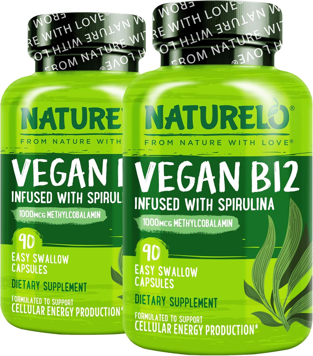 NATURELO Vitamina B12 Vegana - Metilcobalamina 1000 mcg con Espirulina Orgánica - 90 Cápsulas (Pack de 2)