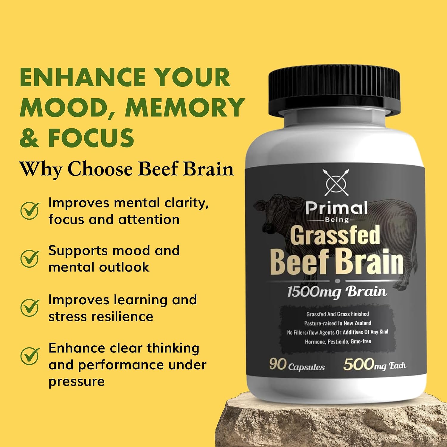 Primal Being Cerebro de Res de Pasto - 90 Cápsulas, 1500mg por Dosis