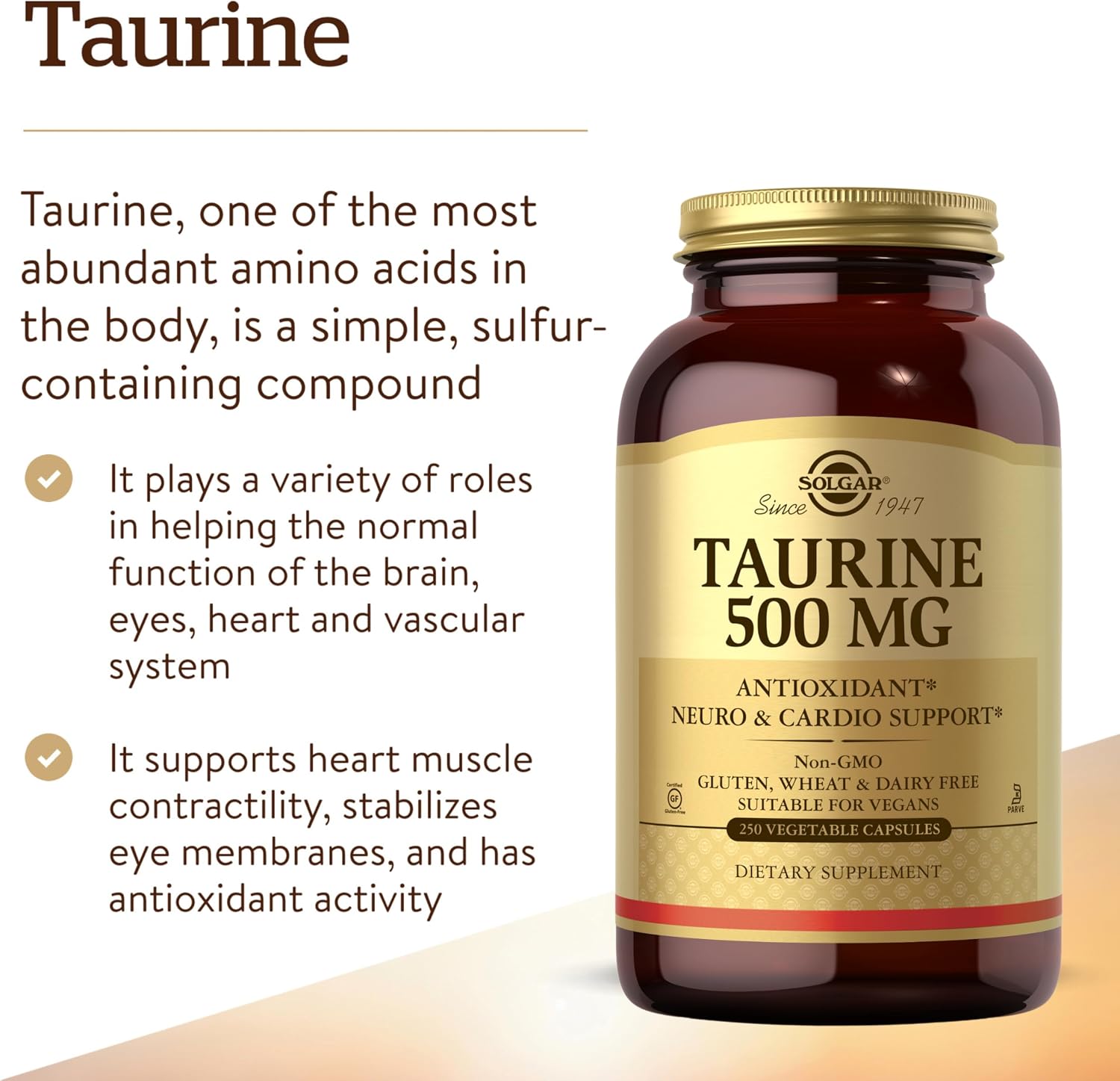 Solgar Taurina 500 mg - 250 Cápsulas Vegetales