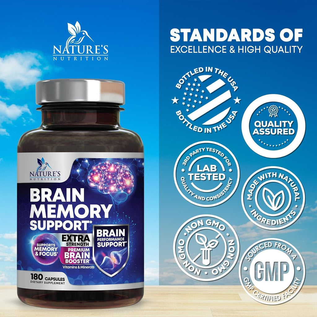 Brain Memory Supplement - 3X Strength Nootropics para Concentración y Claridad - 180 Cápsulas