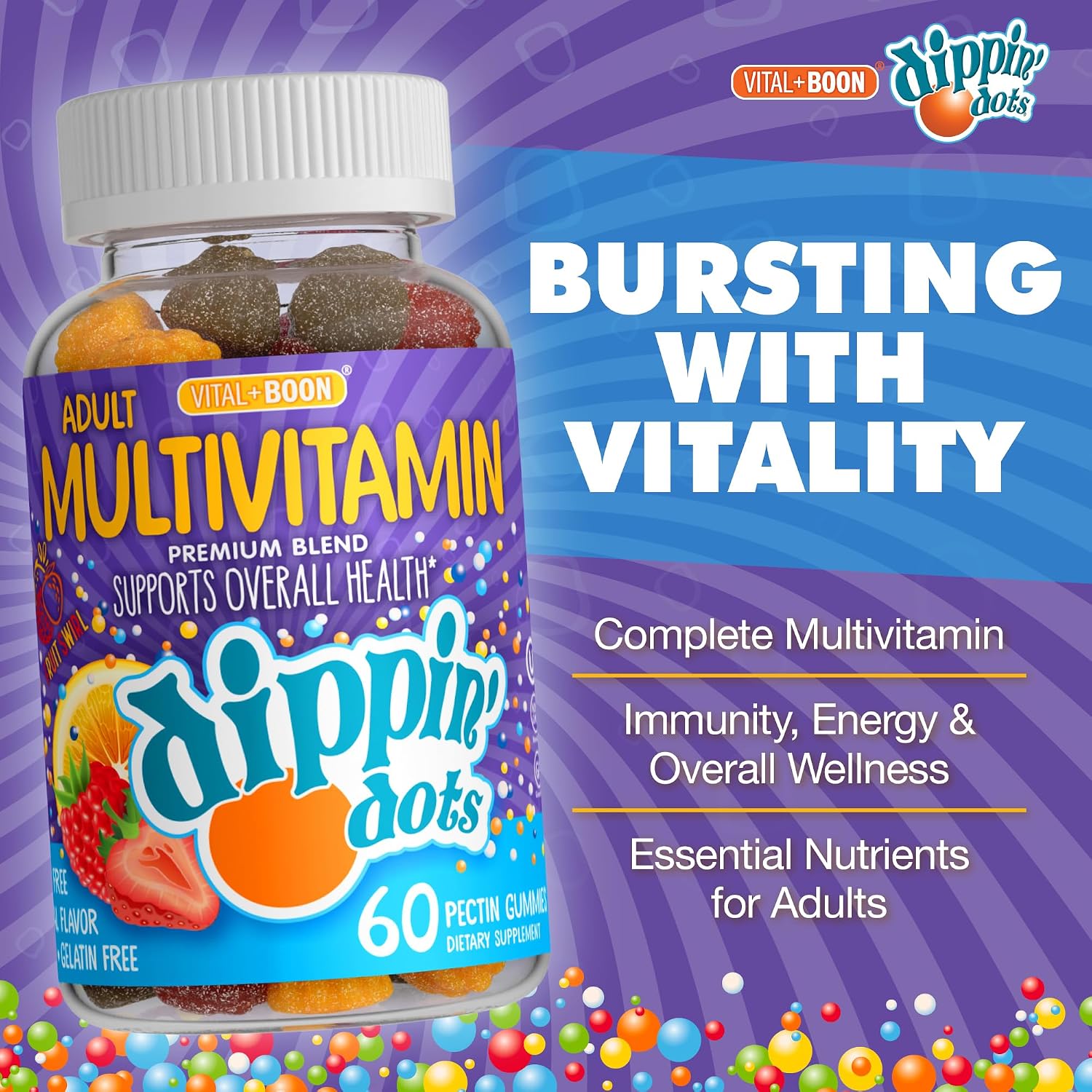 Vital+Boon Dippin' Dots - Gominolas Multivitamínicas para Adultos - Vitaminas A, B6, C, D3, E y Ácido Fólico - Vegetarianas, No GMO, Sin Gluten (60 Unidades)