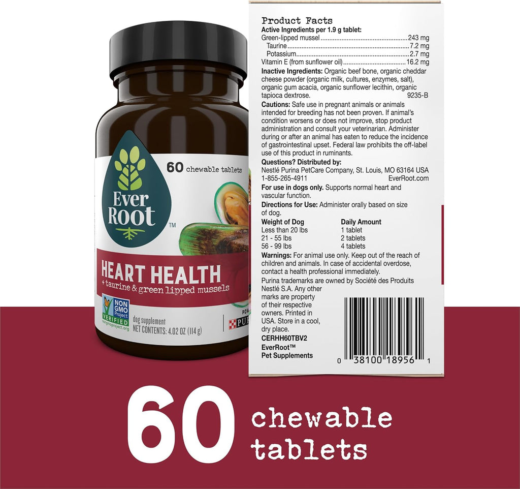 EverRoot Suplemento para el Corazón de Perros - Comprimidos Masticables con Taurina y Mejillón de Labio Verde