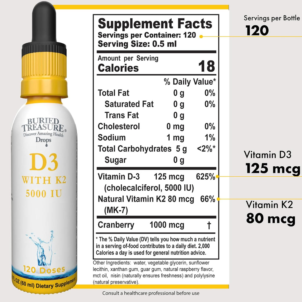 Buried Treasure Gotas de Vitamina D3 y K2 - 5000 UI D3 con 80 mcg K2 Mk-7 - Suplemento Líquido para Huesos, Corazón e Inmunidad - Sin Azúcar - 60 ml (2 fl oz)